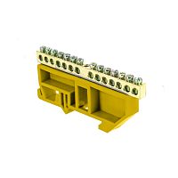 Шина "0" N (6х9мм) 14 отверстий латунь желтый изолятор на DIN-рейку PROxima | код  sn0-63-14-dz | EKF